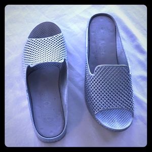 Jeffrey Campbell silver rubber slides.